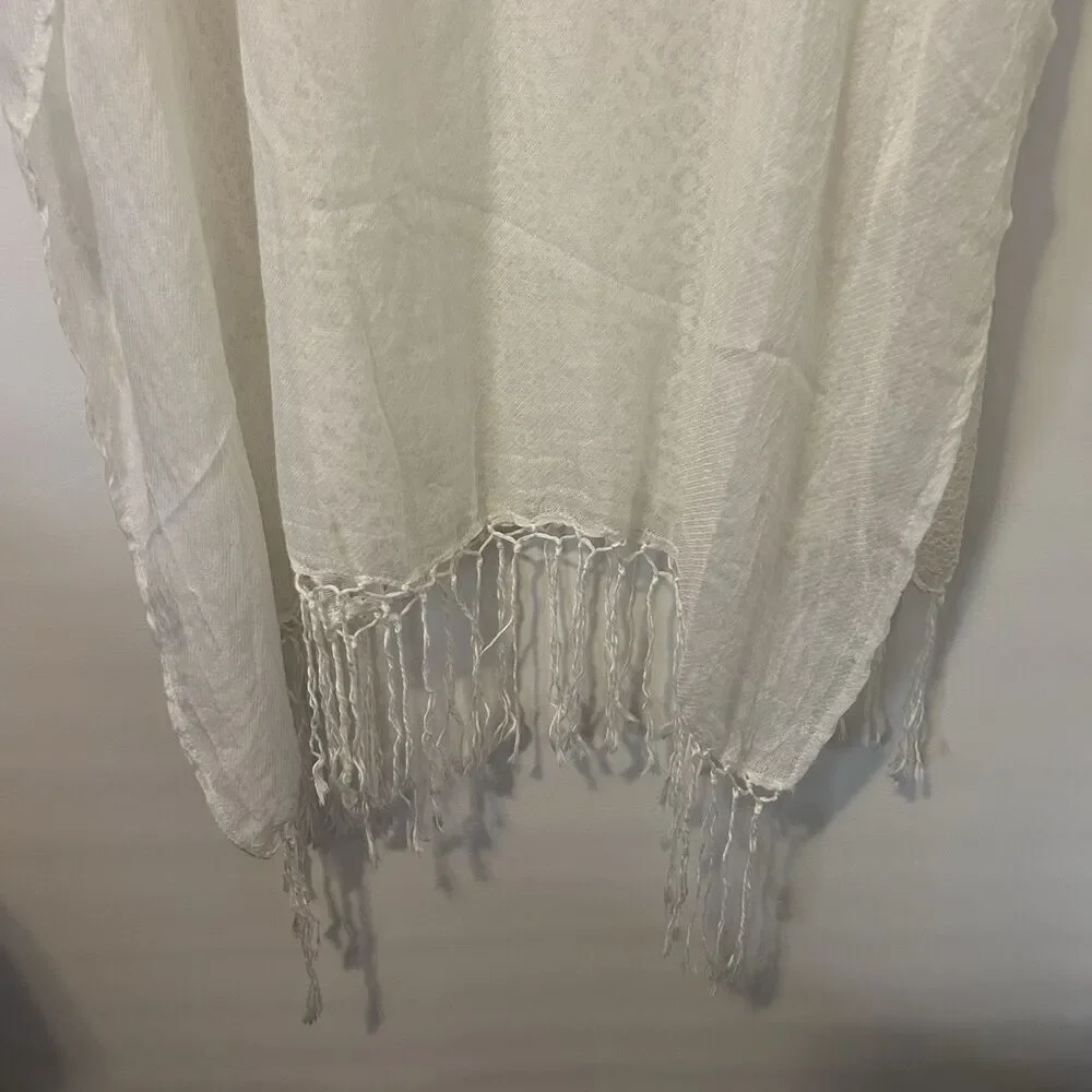 Express Kimono Poncho Lace Cover-Up Fringe Cream Womens OS Coastal Beach Boho
